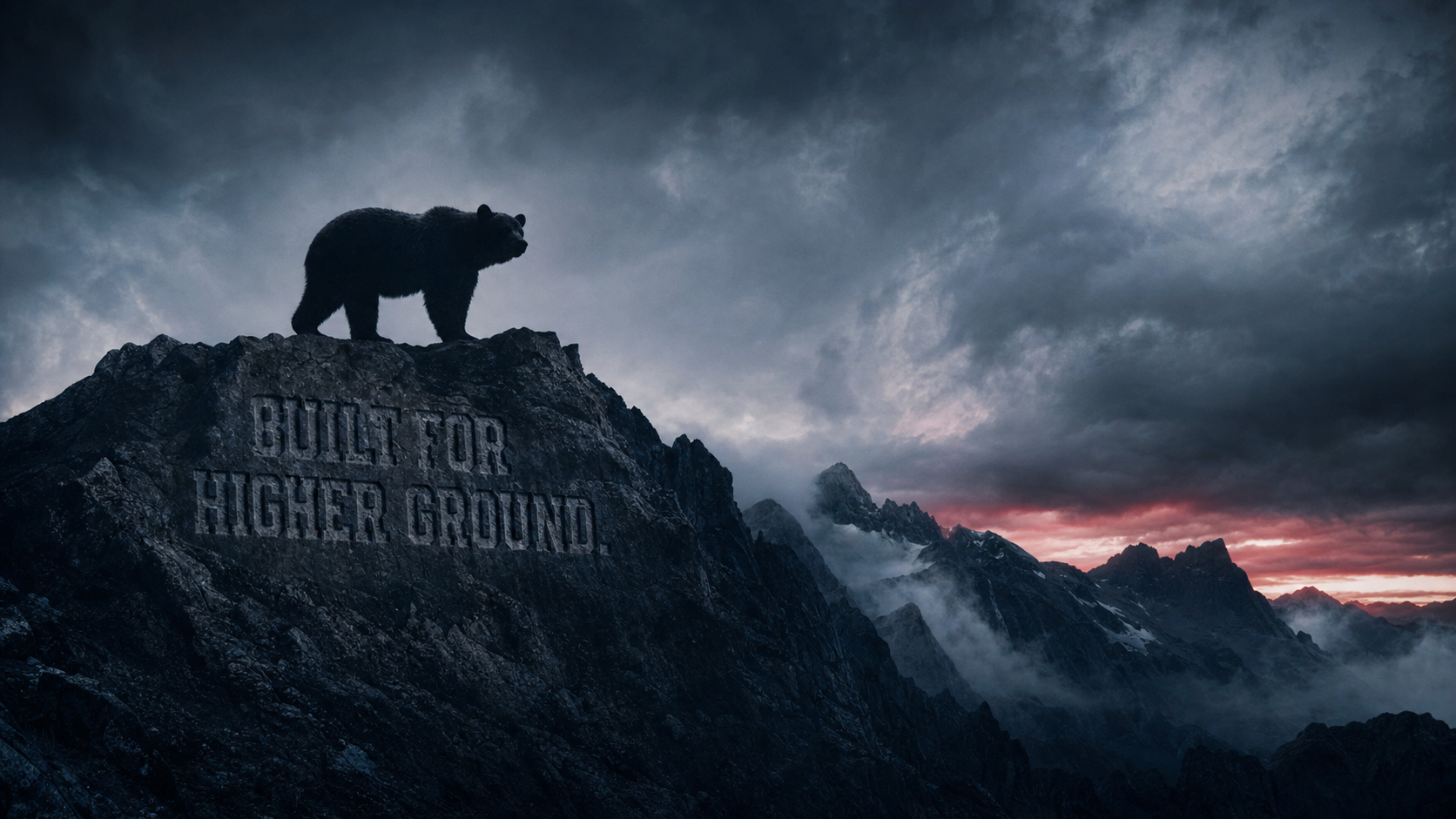 Grizzly bear silhouetted on a rugged mountain ridge at blue hour, 'The Mission Is Never Done.' etched into the stone