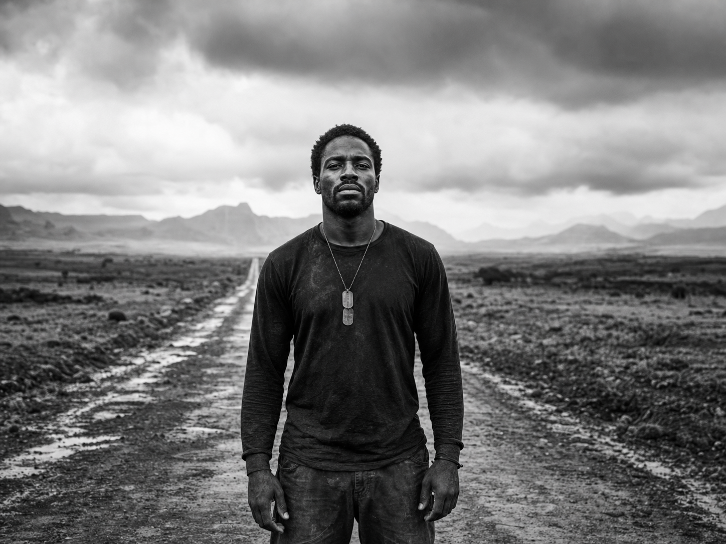 A man on a long open road under a heavy sky